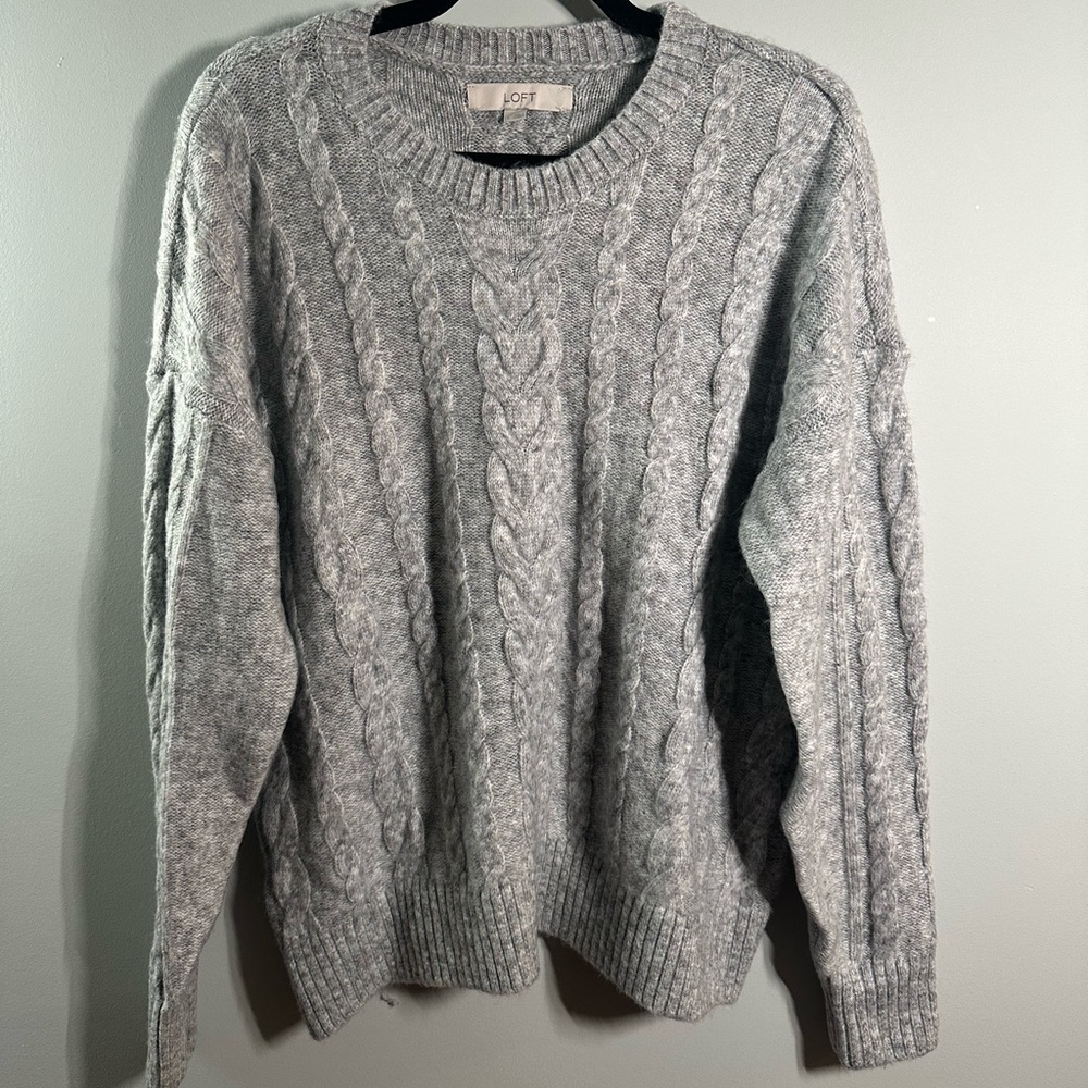 NWT LOFT Gray Cable Knit Crewneck Sweater